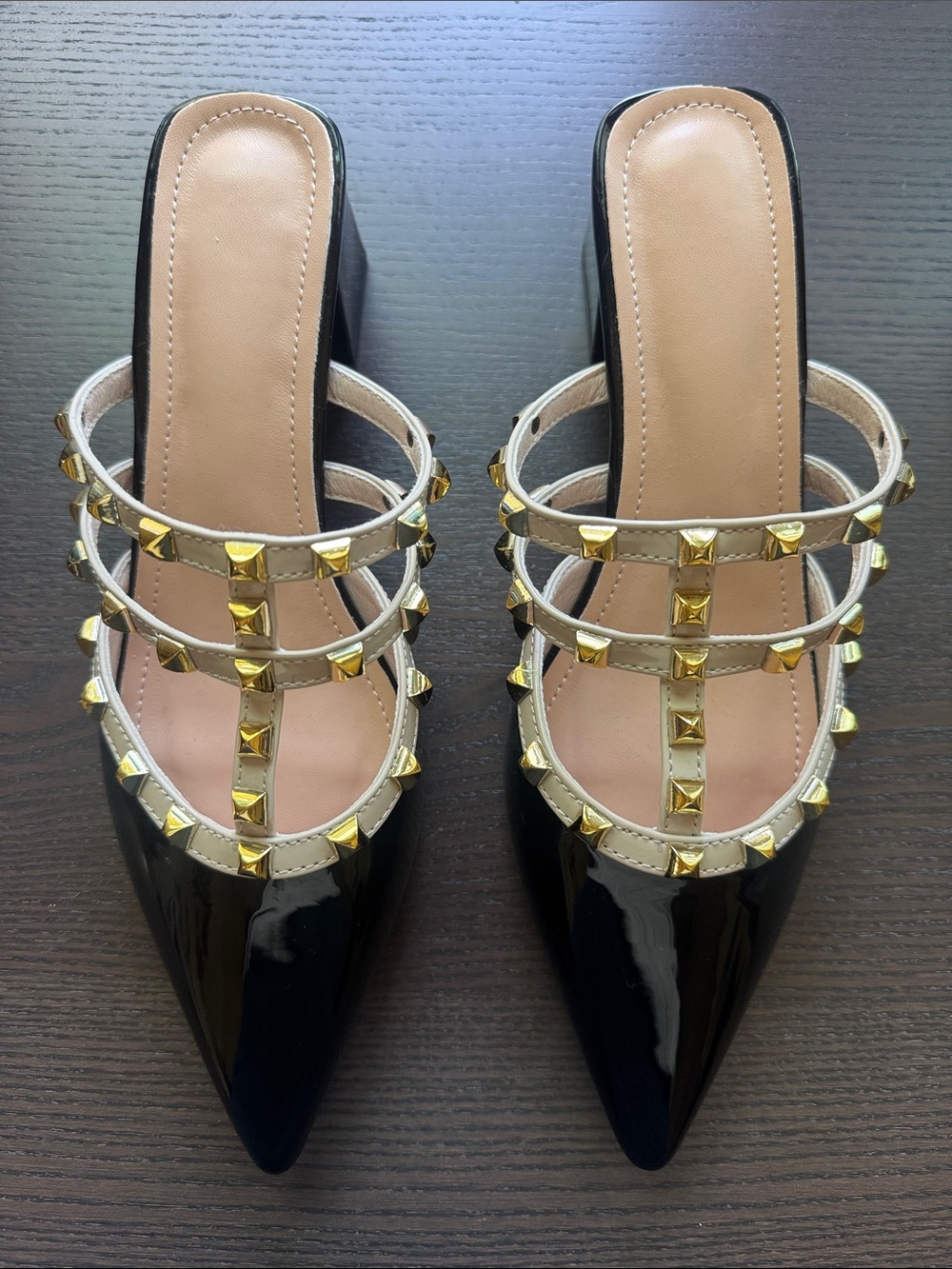Studded Pointed-Toe Mules in Black and Tan